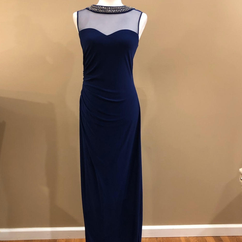 Patra Royal Blue Long Dress with Mirror Bead Detail at the Neckline, Size 8
